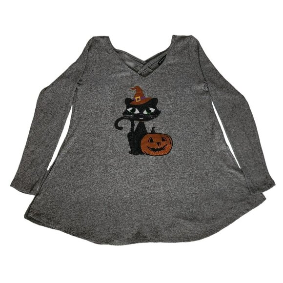 POOF New York Women's Sequins Halloween Black Cat Pumpkin Tunic Top Size Medium - Picture 2 of 12
